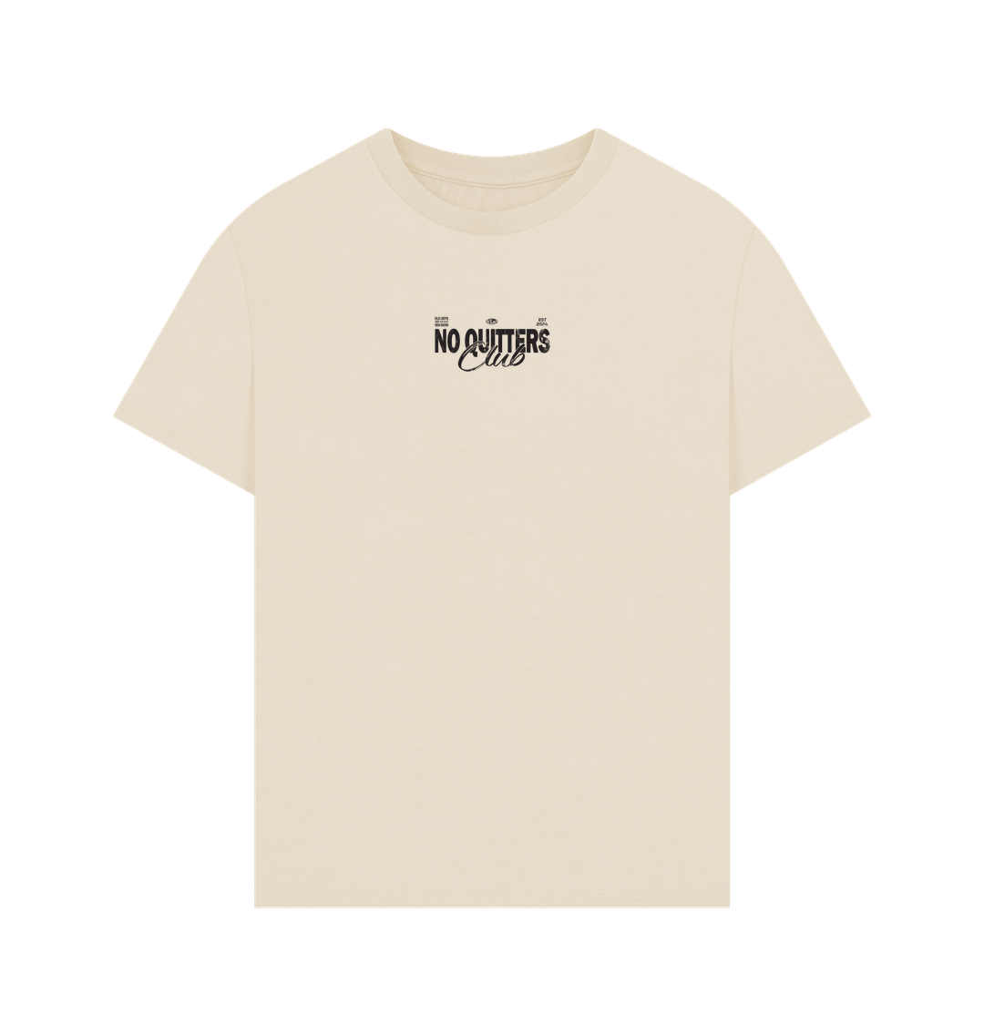 Oat cream oversized t-shirt with “Old Keys Don’t Unlock New Doors” quote, crafted from organic cotton for sustainable everyday wear.