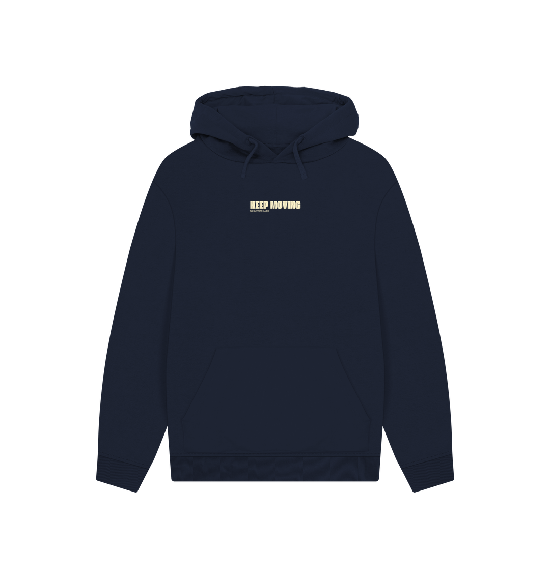 Oversized navy blue hoodie with motivational quote