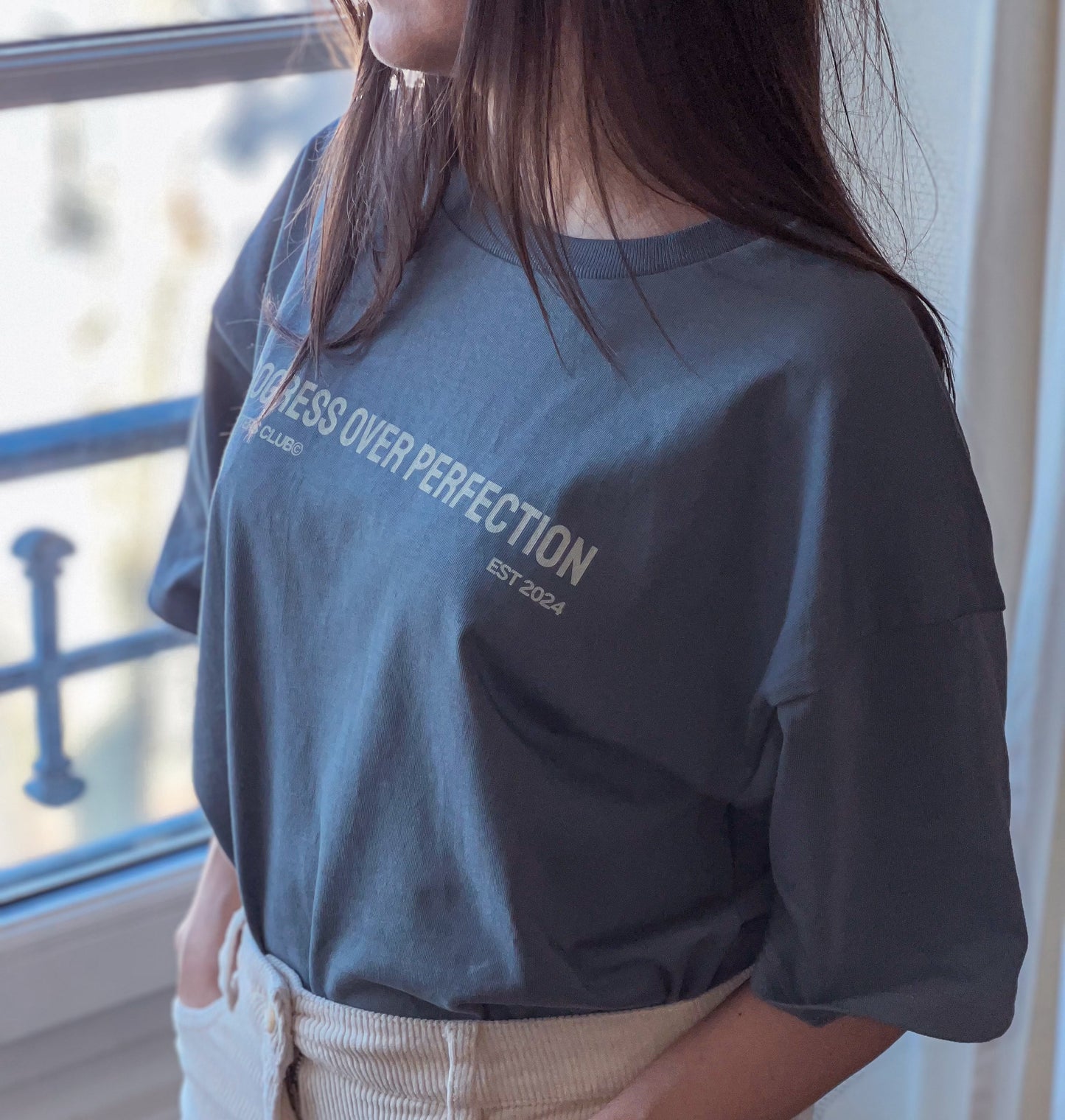 Progress Over Perfection T-shirt oversize - Bleu Gris