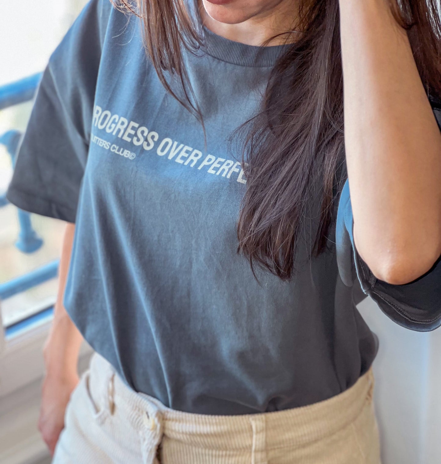 Progress Over Perfection T-shirt oversize - Bleu Gris