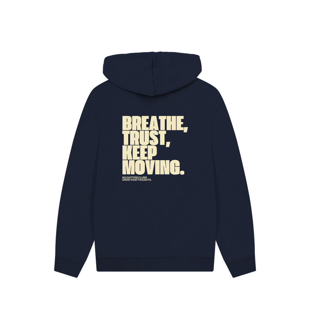 Oversized navy blue hoodie with motivational quote