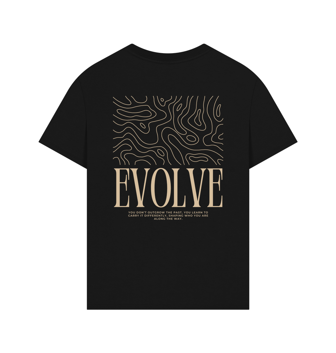 Ethical fashion black t-shirt with “EVOLVE” quote, featuring minimalist design and sustainable cotton fabric.
