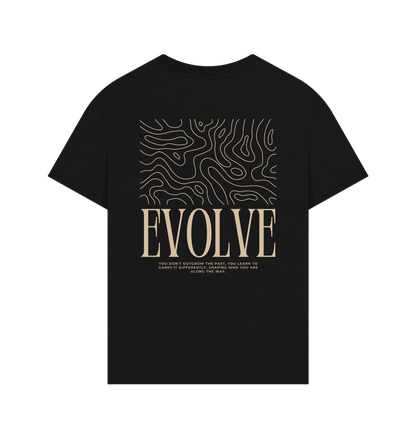Ethical fashion black t-shirt with “EVOLVE” quote, featuring minimalist design and sustainable cotton fabric.