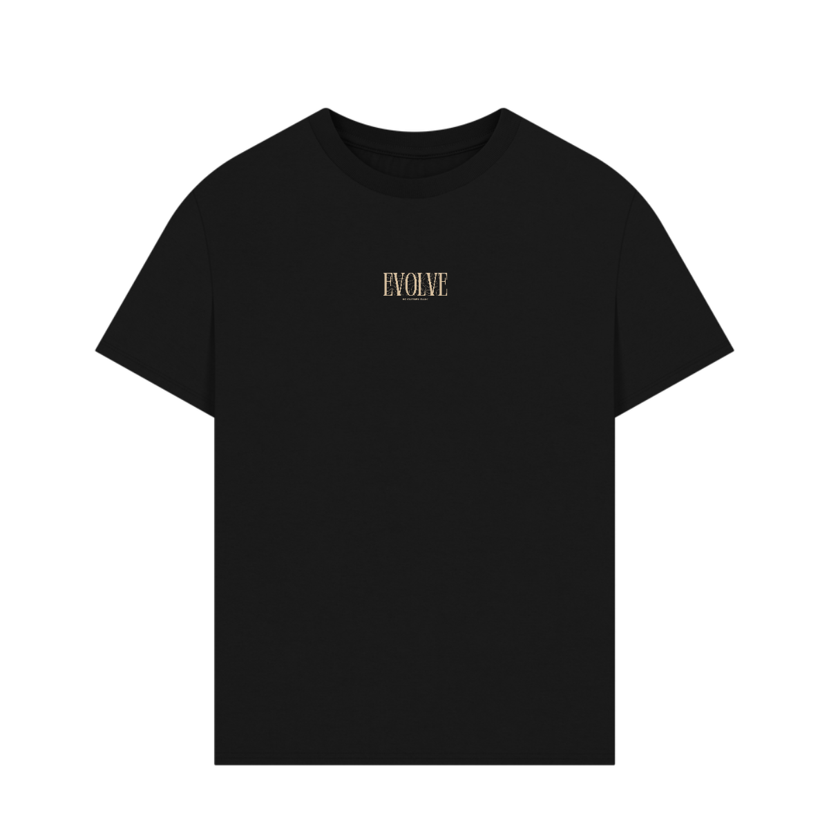 Black oversized t-shirt with bold “EVOLVE” statement, made from 100% organic cotton for conscious streetwear lovers.