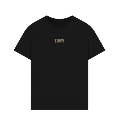 Black oversized t-shirt with bold “EVOLVE” statement, made from 100% organic cotton for conscious streetwear lovers.