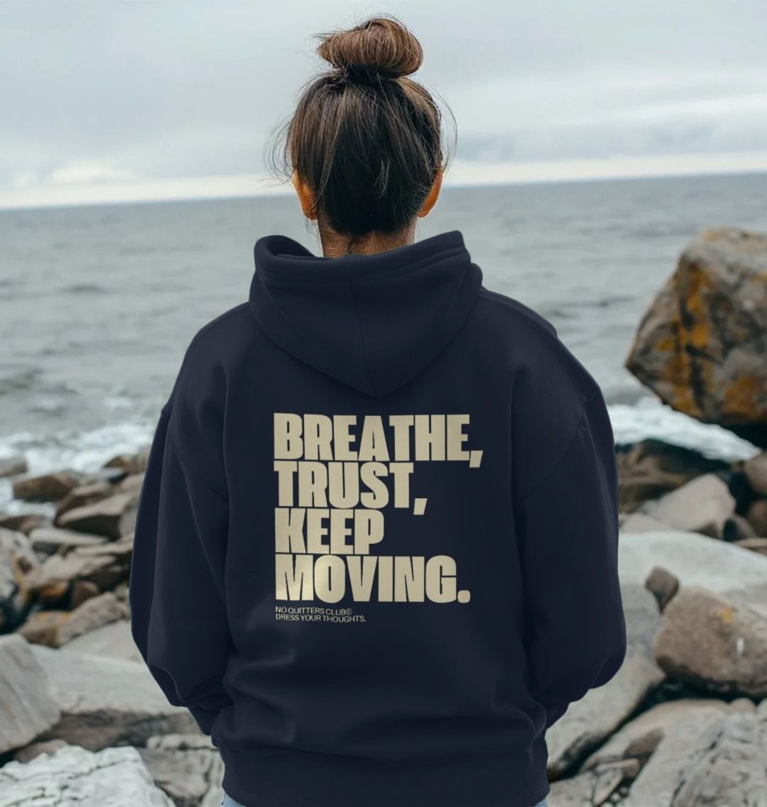 Oversized navy blue hoodie with motivational quote