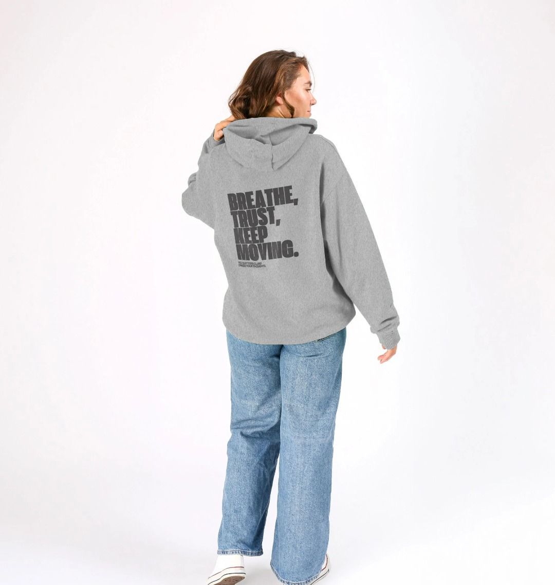 Oversized gray hoodie with motivational quote