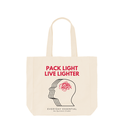 Minimalist organic cotton tote bag with "Pack Light, Live Lighter" quote – sustainable streetwear accessory for daily essentials