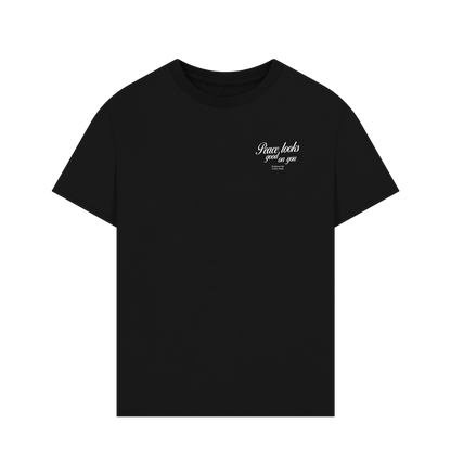 Front view of black oversized t-shirt with “Peace Looks Good on You” quote, crafted in organic cotton for everyday mindful wear.