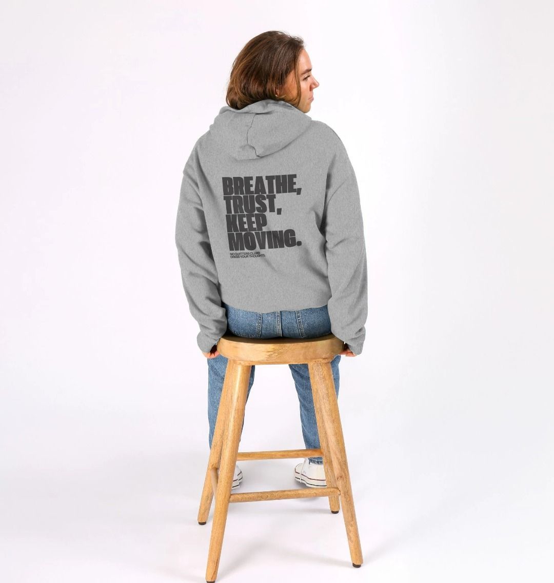 Oversized gray hoodie with motivational quote